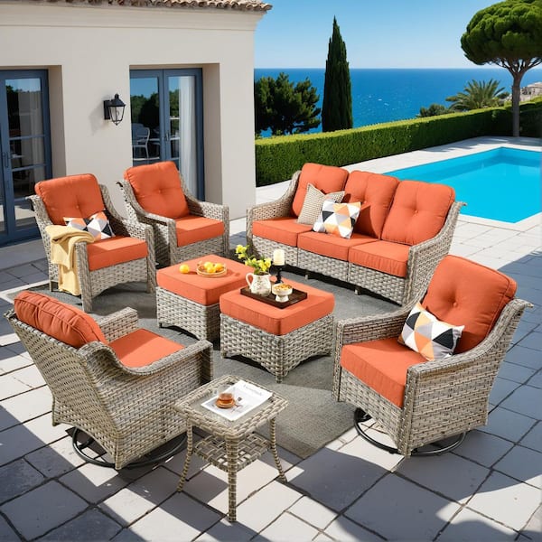 OVIOS Palffy Gray 8-Piece Wicker Patio Conversation Seating Set with Orange Red Cushions and Swivel Rocking Chairs
