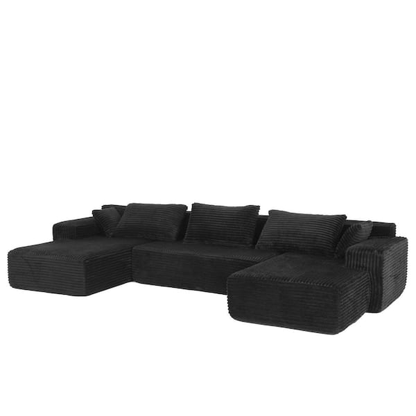 134 in. Square Arm 3-Pieces Corduroy Upholstered U-Shaped with 5 Pillows Modern Modular Sectional Sofa in. Black