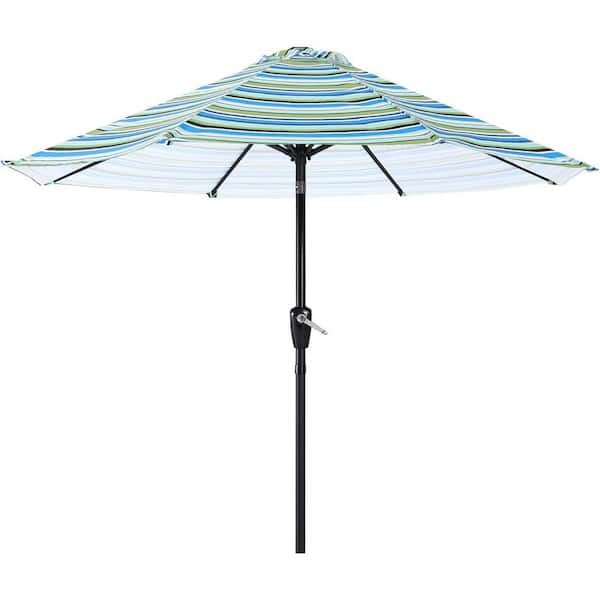 Unbranded 9 ft. Aluminum Market Tilt Patio Umbrella in Blue Green Stripes with Push Button Tilt