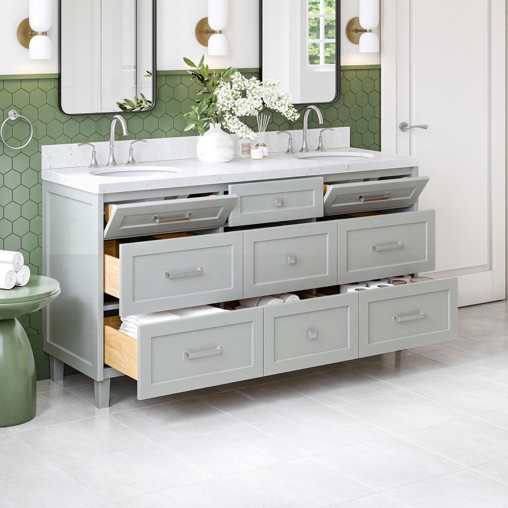 Gray Wood Double Sink Freestanding Vanity with Quartz Top