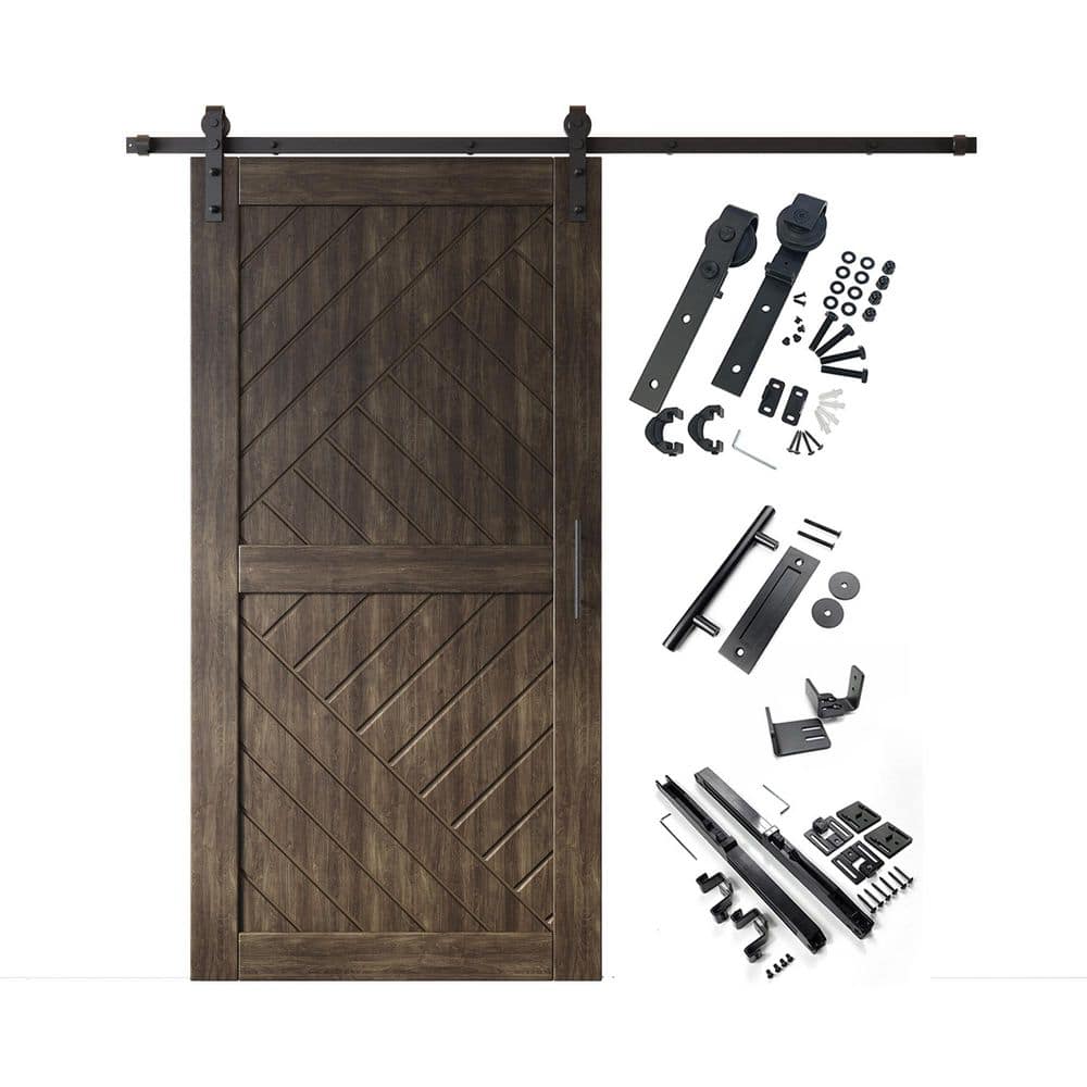 HT 32 in. x 84 in. C-Panel Ebony Geometric Design Solid Pine Wood Sliding Barn Door with Hardware Kit price history on PriceWatchPro