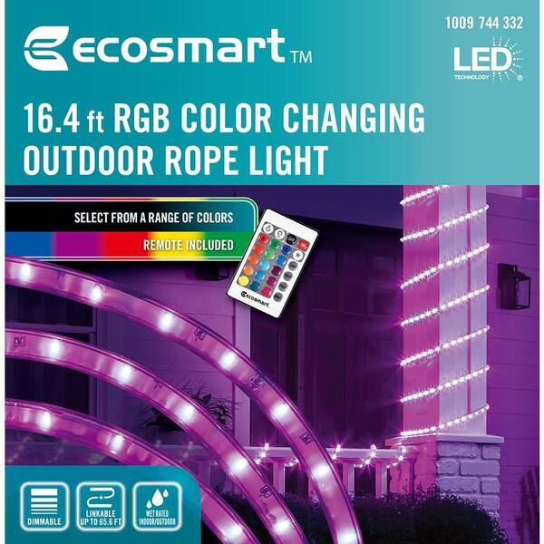 EcoSmart 16.4 ft. RGB Color Changing Dimmable Linkable Plug-In LED Outdoor  Rope Light with Remote Control LR431U-7.2X5IR3 - The Home Depot