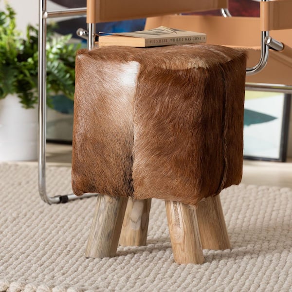 Scotlyn Natural Brown Goat Leather Ottoman Footstool