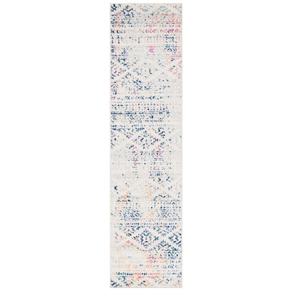 Tulum 2 ft. x 19 ft. Ivory/Blue Striped Tribal Geometric Runner Rug