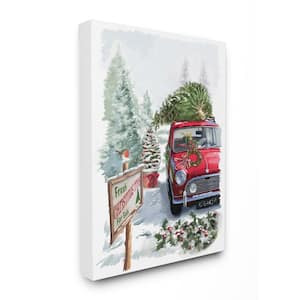 16 in. x 20 in."Holiday Fresh Christmas Trees on a Red Car Truck Painting" by Artist P.S. Art Canvas Wall Art