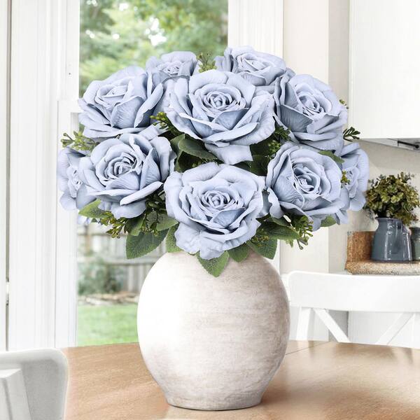 LIVING LUXURY 17 in. Deluxe Dusty Blue Artificial Elegant Rose Flower ...