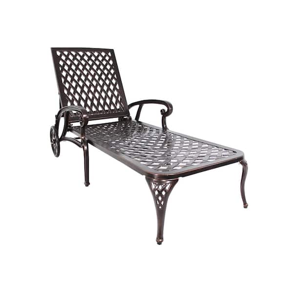Kadehome Antique Bronze 1-Piece Cast Aluminum Reclining Outdoor Chaise Lounge with Wheels