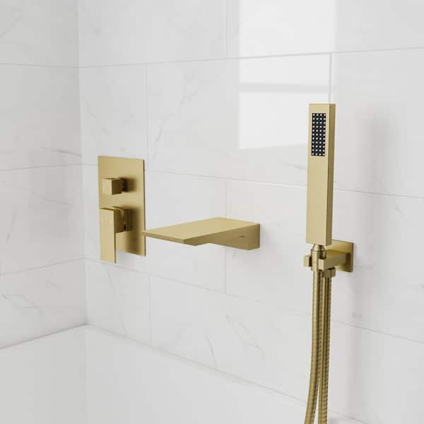 Rainspire Double Handles 2-Spray Wall Mount Roman Tub Faucet with Hand Shower 1.8 GPM in Brushed Gold (Valve Included)