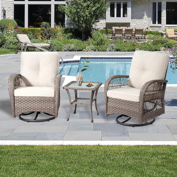 MEOOEM Outdoor 3-Piece Brown Wicker Patio Conversation Set with Beige Cushions, Swivel Rocking Chairs and Glass Top Table Set