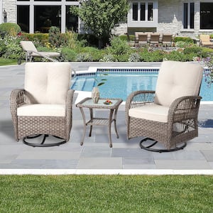 Outdoor 3-Piece Brown Wicker Patio Conversation Set with Beige Cushions, Swivel Rocking Chairs and Glass Top Table Set