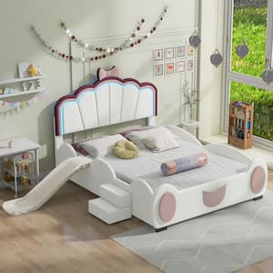 Pink Wood Frame Full Size PU Upholstered Platform Bed with LED Light, Ladder, Shell Headboard and Children's Slide