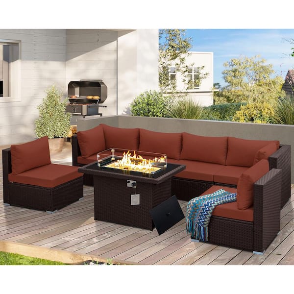 FINCATI Luxury 7-Piece Espresso Wicker Patio Fire Pit Conversation Sectional Deep Seating Sofa Set with Dark Red Cushions