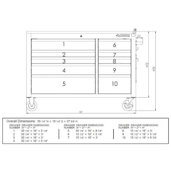 Husky - 52 in. 10-Drawer Mobile Workbench with Adjustable-Height Top, Black