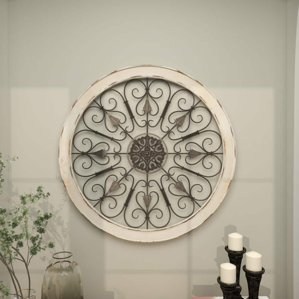 White Distressed Wood and Iron Scroll Wall Decor, 36" Round