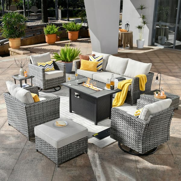 weaxty W Hanes Gray 10-Piece Wicker Patio Fire Pit Sectional Seating Set with Beige Cushions and Swivel Rocking Chairs