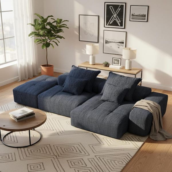 DNLM 141.7 in. 4-Seat Modular Chenille Tufted Sectional Sofa with DIY Layout and Luxe Shine Finish in. Ink Navy