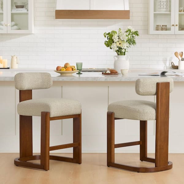 Remy 27 in. Oatmeal/Walnut Mid-century Modern Boucle Fabric Solid Wood Counter Stool with Back for Diningroom (Set of 2)