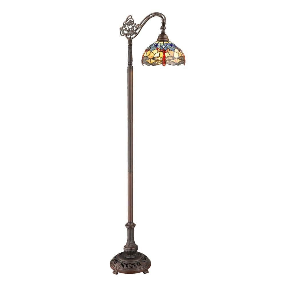 Antique Bronze Adjustable Arc Reading Lamp with Stained Glass Shade