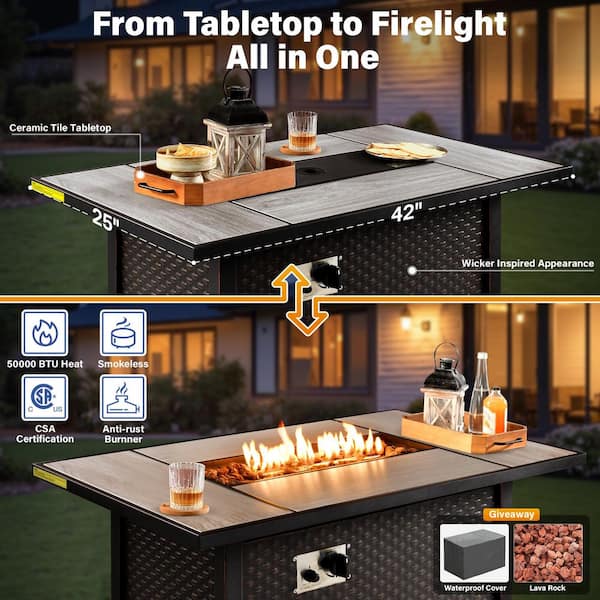 Nvelyn Gray 7-Piece Wicker Patio Fire Pit Table Conversation Set with Gray Cushions and Coffee Table
