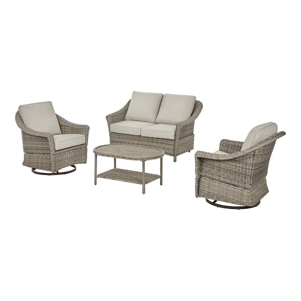 Brooke Mill Brown 4-Piece Wicker Patio Conversation Set with CushionGuard Putty Tan Cushions