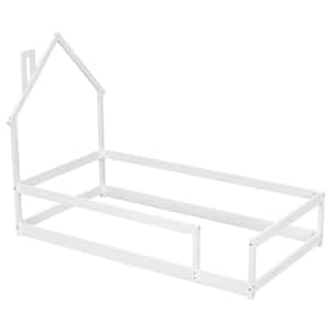 White Twin Size Wood Frame Floor Bed with House-shaped Headboard and Fence Twin Montessori House Bed Frame for Kids