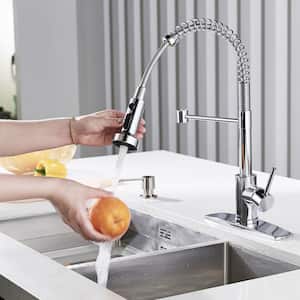 Single Spring Handle Kitchen Faucet with Pull Down Sprayer Kitchen Sink Faucet with Deck Plate in Chrome