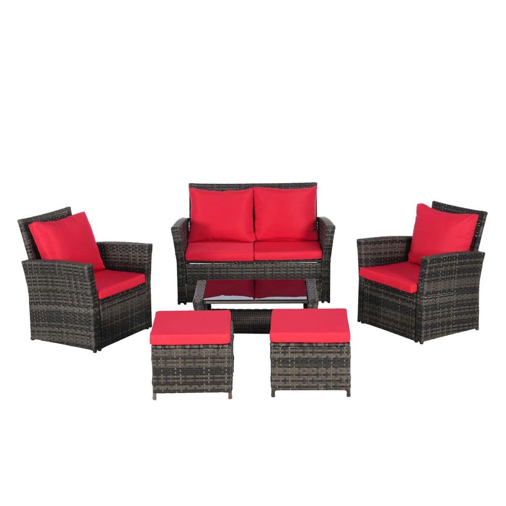 6-Pieces Wicker Patio Conversation Set, Outdoor Furniture with Red Cushions