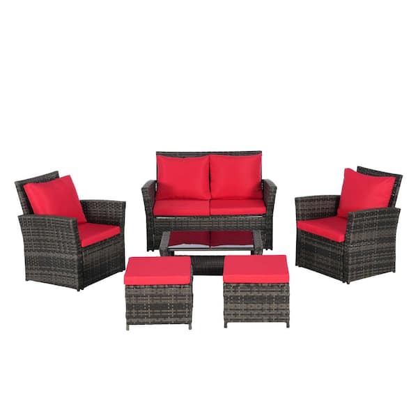 Unbranded 6-Pieces Wicker Patio Conversation Set, Outdoor Furniture with Red Cushions, Ottoman, Tempered Glass Coffee Table