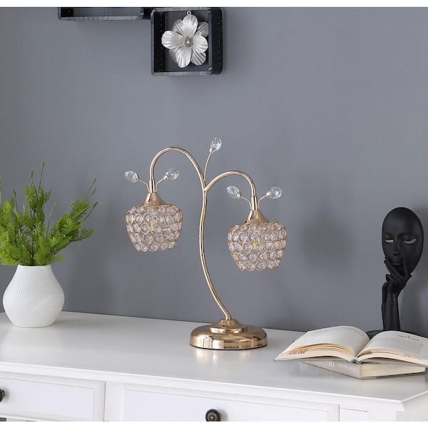 17.25 in. H Rose Gold 2-Floral Bell Glam Metal Table Lamp, Bronze