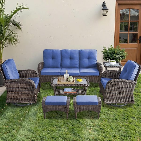 Brown 7-Piece Wicker Patio Conversation Set with Swivel Rockers, Outdoor Sofa Seating Set with Blue Cushions