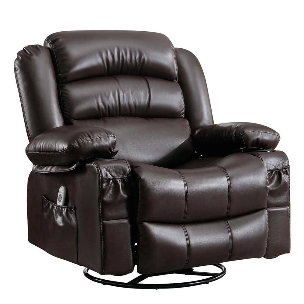 Modern Brown PU Leather Manual Recliner Chair with USB and 2 Cup Holders, 360° Rotation Massage Heated Single Sofa Chair -  YOFE, CamyGI3669501