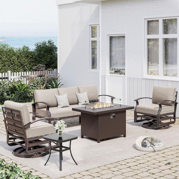 5-Piece Aluminum Patio Conversation Set with armrest, Firepit Table, Swivel Rocking Chairs and Sand Cushions