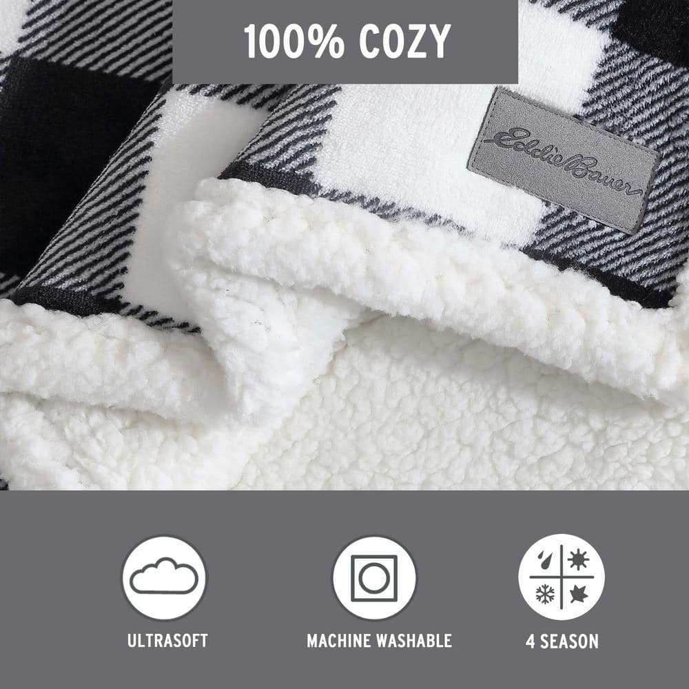 Reversible Sherpa Fleece Cotton Throw Blanket, Black/White