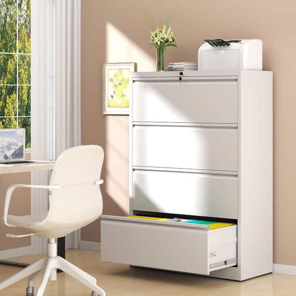 4-Drawer White 52.28 in. H x 35.43 in. W x 15.75 in. D Metal Lateral File Cabinet Locked By Keys Storage Cabinet