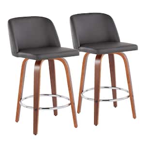 Toriano 35 in. Grey Faux Leather and Walnut Wood-Counter Height Bar Stool with Round Chrome Footrest (Set of 2)