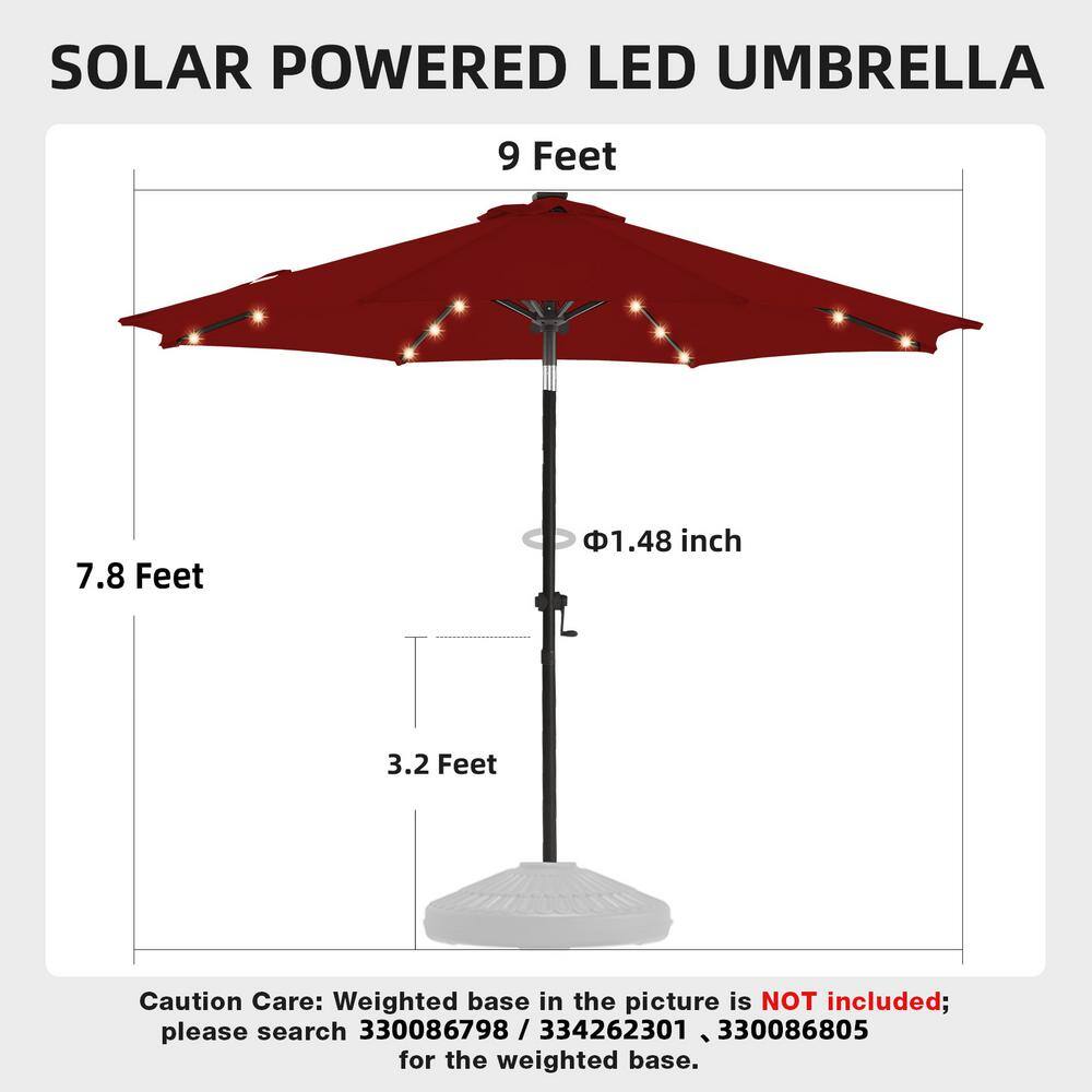Burgundy 9 ft. Solar LED Market Patio Umbrella with Crank and Tilt