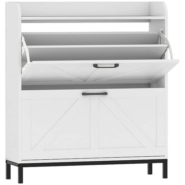 Shoe Storage Cabinet with 2-Flip Drawers, Legs, Farmhouse Freestanding Narrow Shoe Cabinet, Slim Hidden Rack