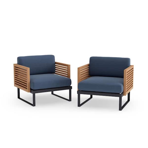 NewAge Products Monterey 2 Piece Aluminum Teak Outdoor Patio Lounge Chair with Spectrum Indigo Cushions