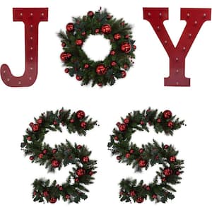 23 in. Artificial Chrismtas Wreath with 2 Garlands and J and Y Marquee Styled LED Light