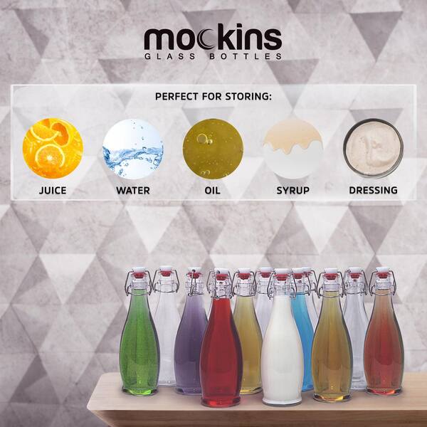 Mockins 17 oz. Glass Bottles with Swing Top Stoppers, Bottle Brush 