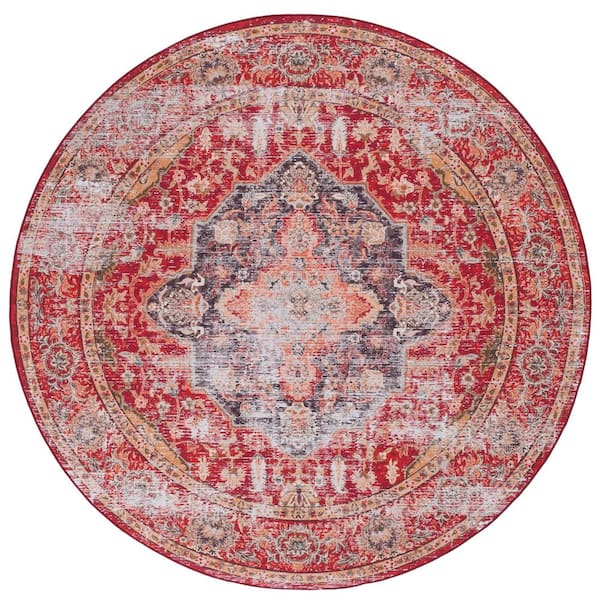 SAFAVIEH Tucson Rust/Gold 6 ft. x 6 ft. Machine Washable Distressed Medallion Floral Round Area Rug