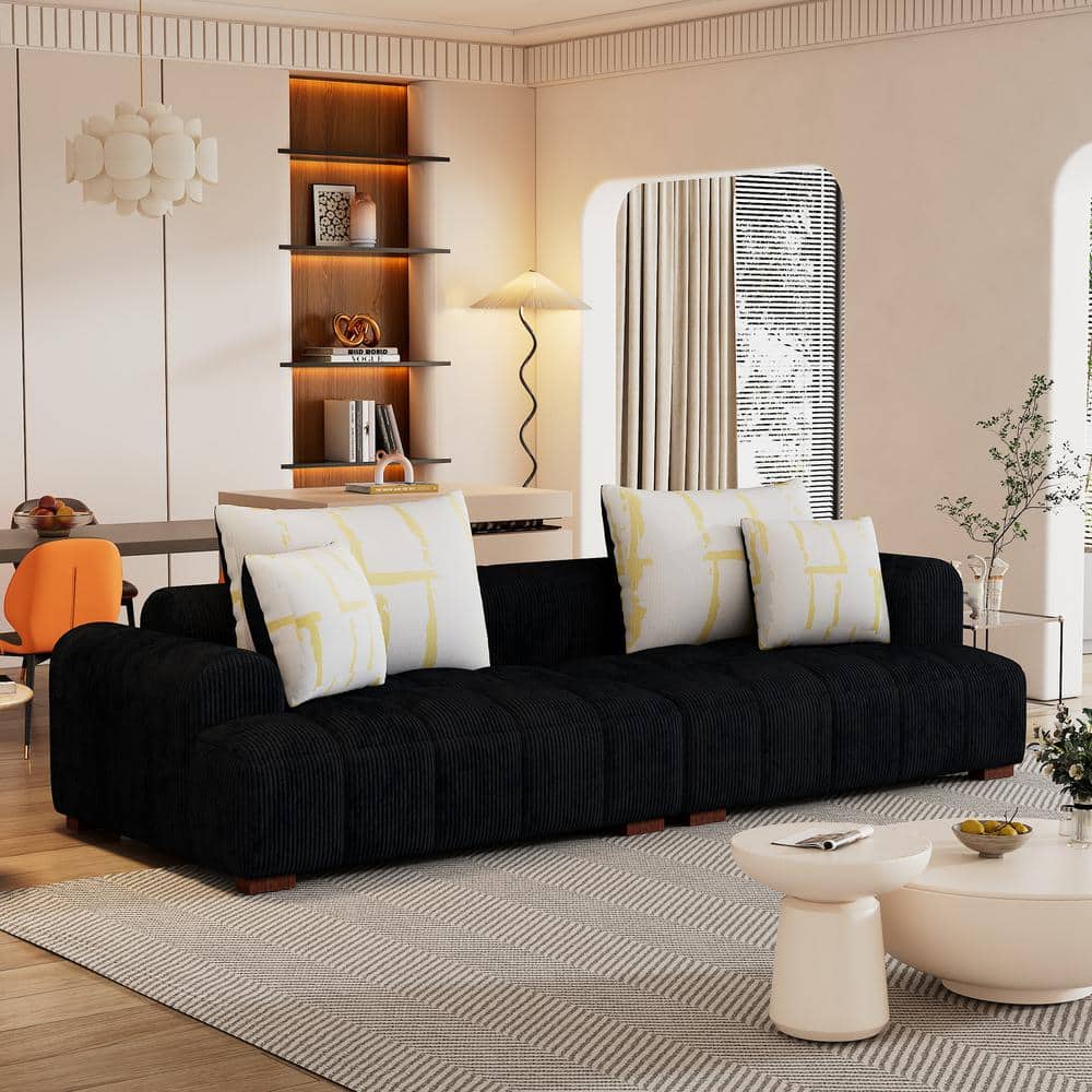 103.9" Black Corduroy Fabric Lawson Sofa with Wood Legs