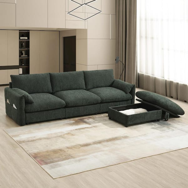 Holy 96.5 in. Chenille L Shaped Sectional Sofa in. Green with Storage Ottoman, Phone Holder, USB Charger, Pockets