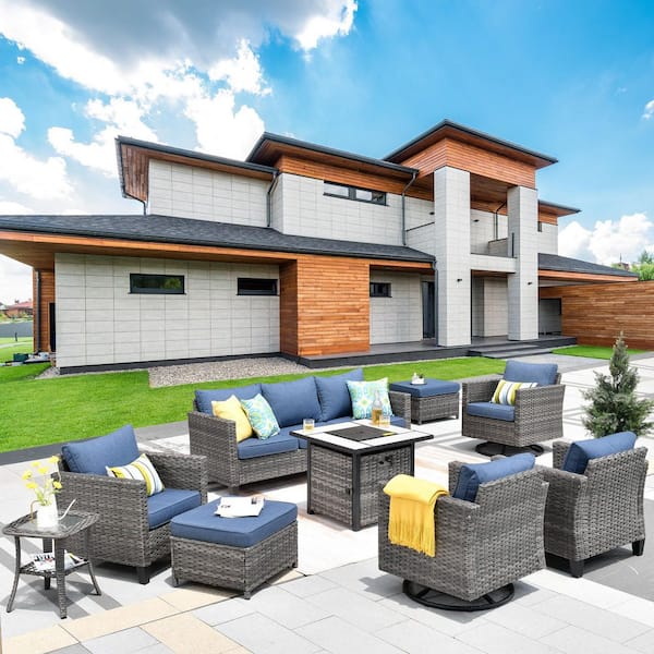 HOOOWOOO Lake Powell Gray 9-Piece Wicker Patio Conversation Fire Pit Seating Set with Denim Blue Cushions