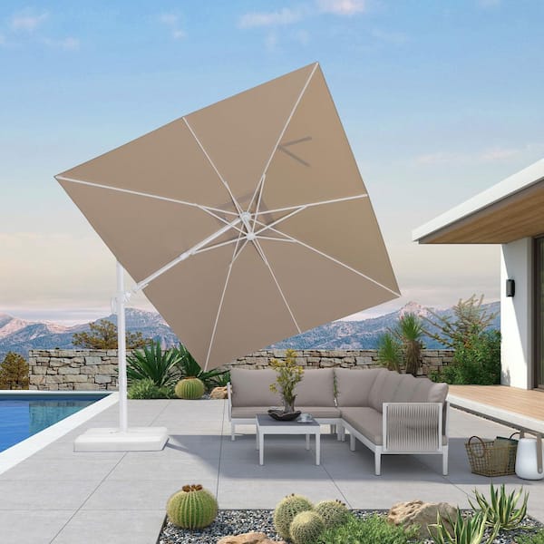 cantilever swivel patio umbrellas PURPLE LEAF 9 ft. x 12 ft. Outdoor Cantilever Patio Umbrella White Aluminum Swivel Offset 360° Rotation Umbrella in Beige with Base