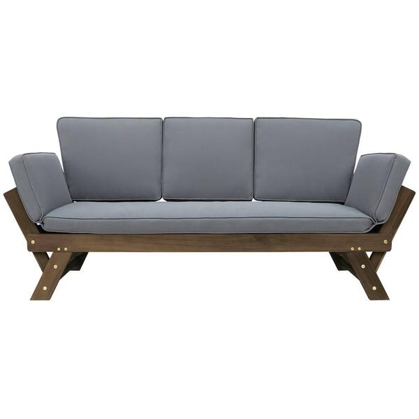URTR 1-Piece Acacia Wood Outdoor Day Bed Sofa, Patio Side-Expandable Chaise Lounge, Adjustable Wooden Sofa with Gray Cushion