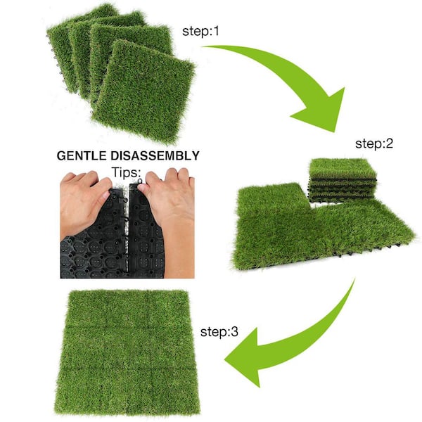 Angel Sar 1 ft. x 1 ft. Composite Green Artificial Grass Turf Interlocking Deck Tiles, Fake Grass Self-draining Mat (18-Piece)