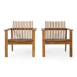 Rustic Design Solid Water-Resistant Acacia Wood Outdoor Lounge Chair w/Slat Panel Seating & Backrests in Teak (Set of 2)