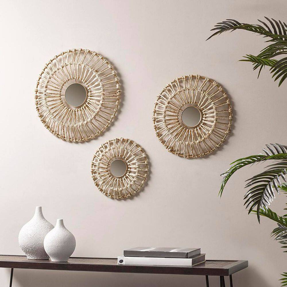 Gold Corn Husk Wrapped Round Decorative Mirror Set