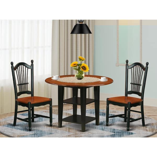East West Furniture 3-Piece Black and Cherry Finish Round Solid Wood Top Dining Table Set